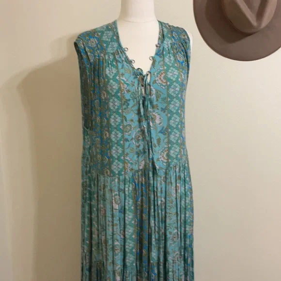 FREE PEOPLE Blue Boho Floral Print Crinkle Maxi Dress Teal Hanalei Bay - Picture 12 of 16